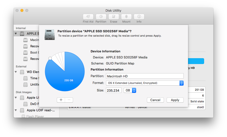 A screenshot of Apple's disk utility, showing the pie chart with handles.