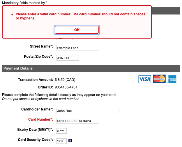 A screenshot of a credit card form, with an error message about spaces.