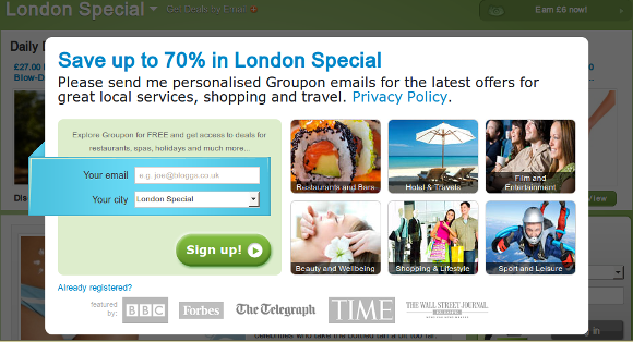 A screenshot of the undismissable Groupon popup.