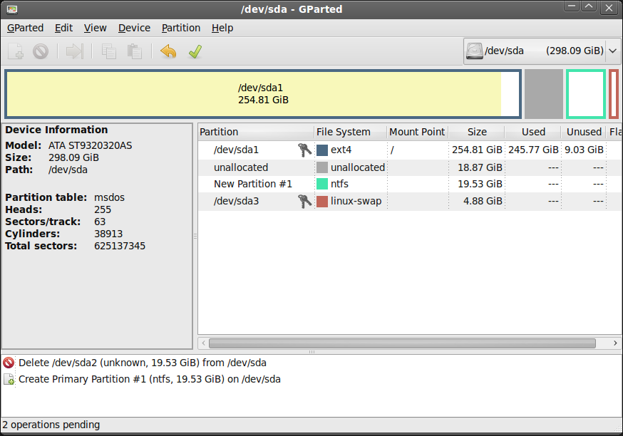 A screenshot of gparted, showing some unallocated space.
