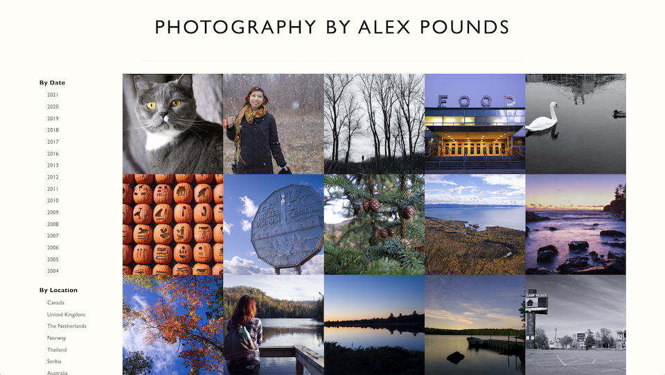 A screenshot of my photography portfolio, showing a grid of images and navigation.